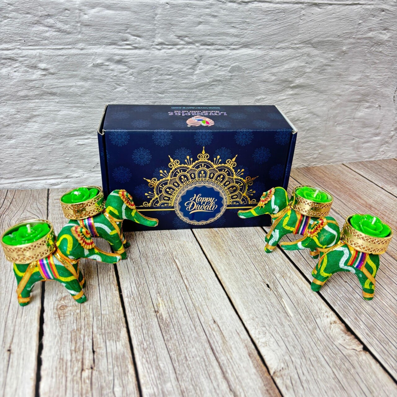 Personalized Diwali Gifts Hamper Set of 4 Elephant Tealight Candle Holder Diwali Custom Gifts Boxes Indian Festival Deepawali Hamper for Employees Home Office Friends Family - Return Gift